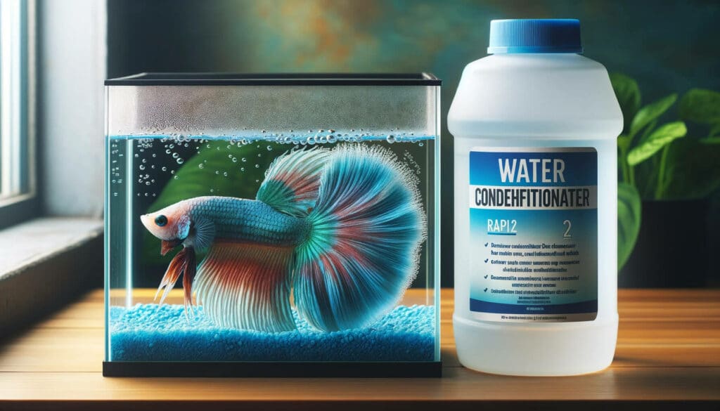a betta fish in a fish tank with bottle of water conditioner a side
