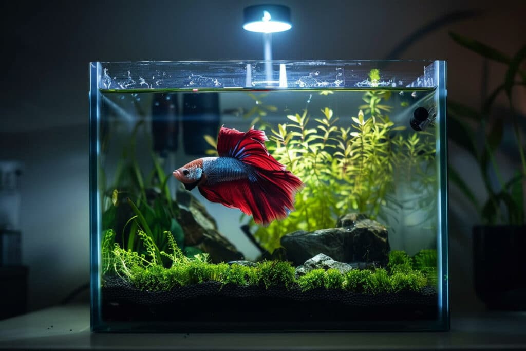 A Betta Fish in his lighted fish tank