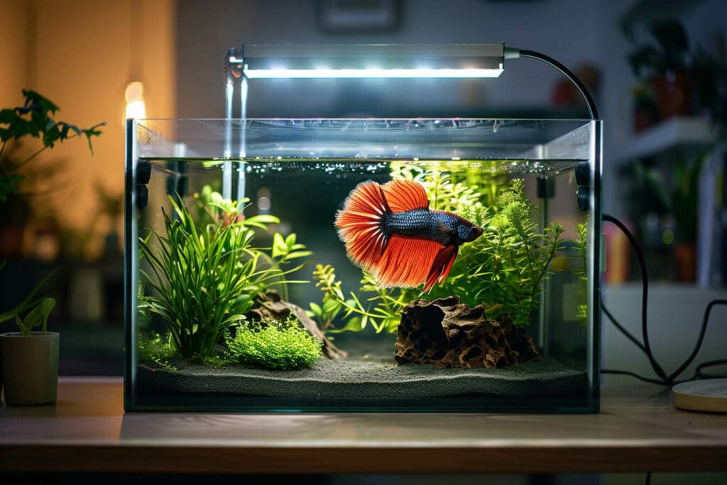 A betta fish in his tank, equipped with aquarium LED lights