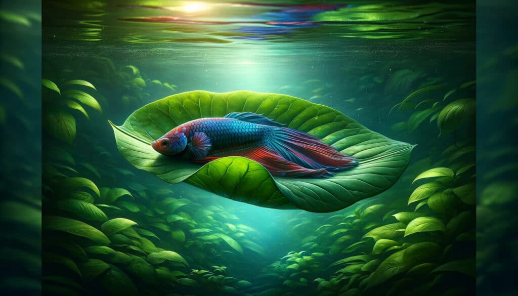 An illustration of a Blue Betta resting on a Betta leaf bed