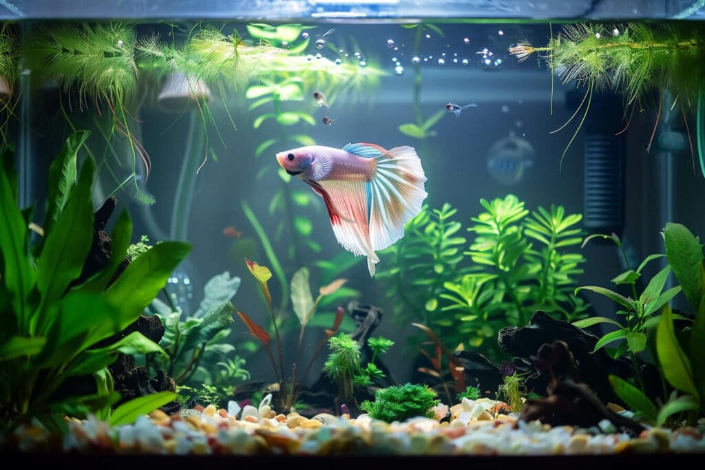 A white betta fish in his aquarium and a Nitrate Tester kit