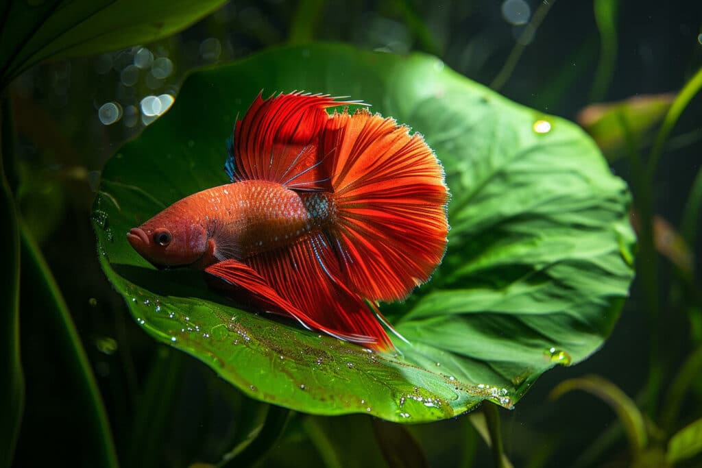 A red betta fish resting on a bed leaf
