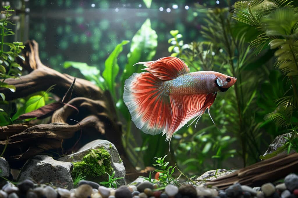 An halfmoon betta fish in his aquarium with rocks and stones sustrate