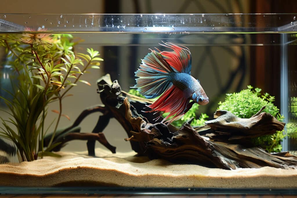 A betta fish in an aquarium with sand substrate